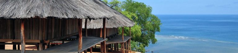 Image of a bungalow overlooking the ocean that is in the background.