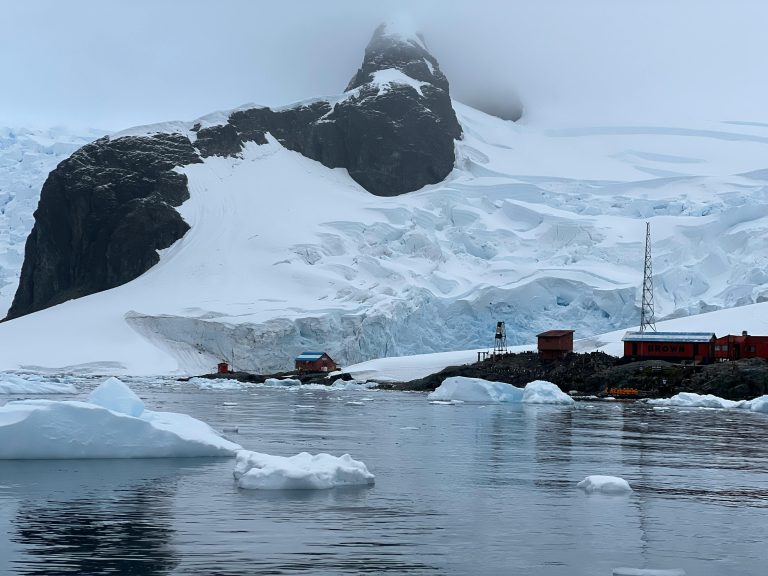 Picture of the ocean with icebergs, and a ship.