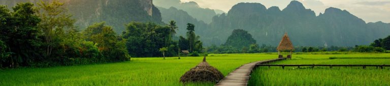 Open green fields and mountain range in Laos.