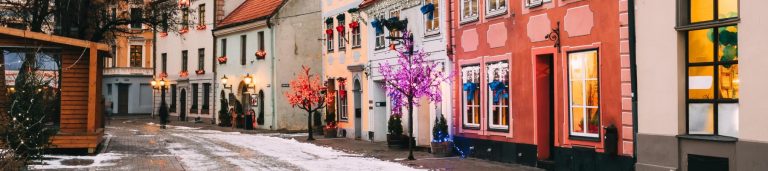 Image of colorful buildings on the street of Latvia.