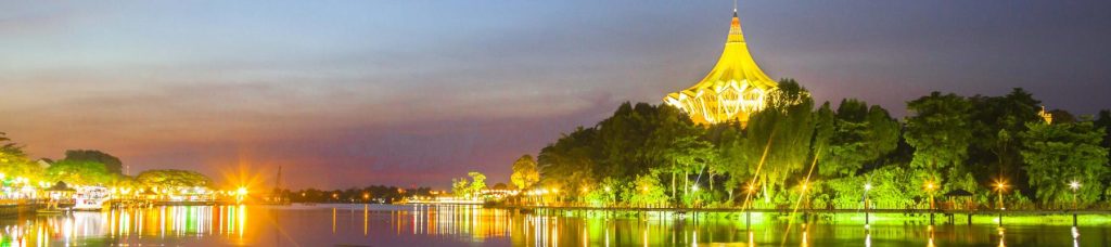 From the ocean looking into the bright city lights of Malaysia.