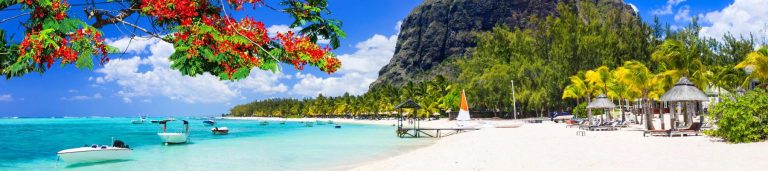 View on the beach and a mountain in Mauritius.